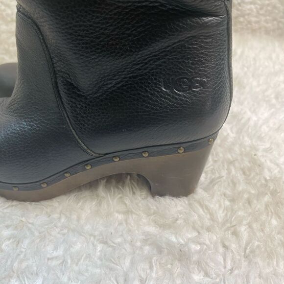 UGG Cora Lynn fold over leather black sheepskin lining clog boots size 9 - Picture 4 of 16